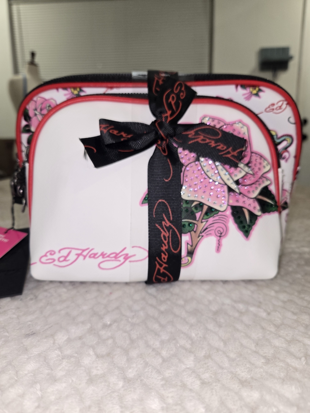 Ed Hardy White & Pink Floral Rhinestone Cosmetic Pouch with Black Logo Ribbon